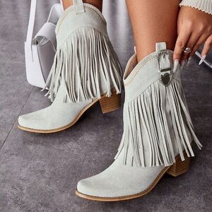 Gray Faux Suede Chunky Heel Western Cowboy Fringe Ankle Boots size 39( US8 )